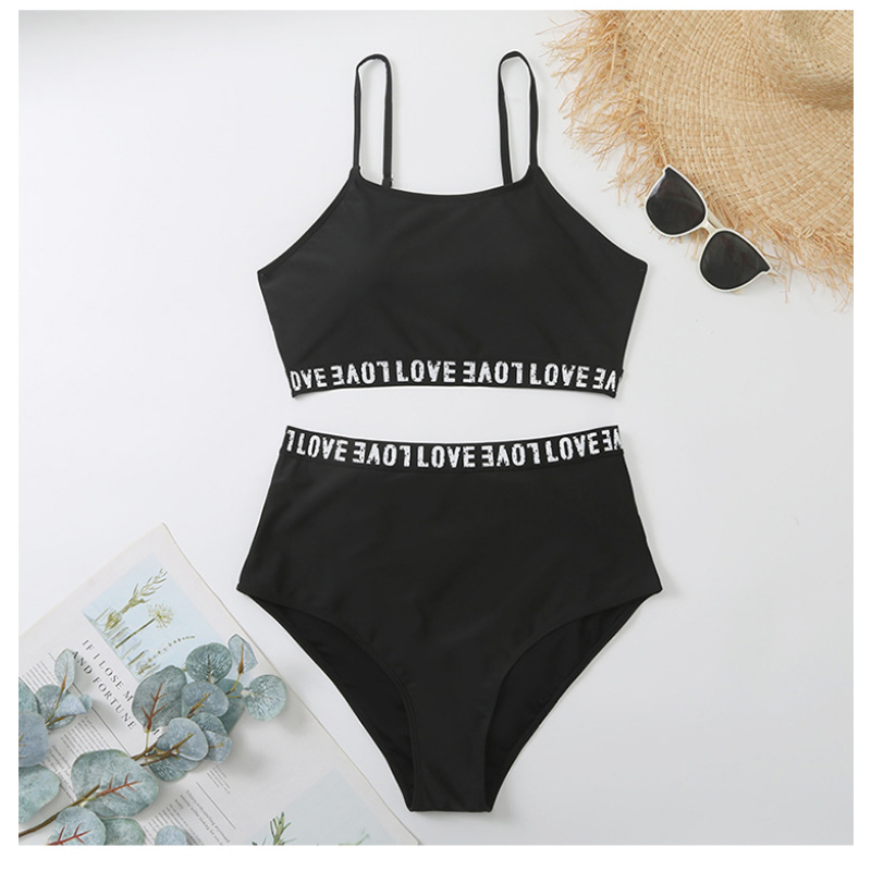 Bikini Solid High Waist Plus Times Letter Swimingsuit