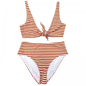Striscia bianca arancione arancione a spalla larga spalla comoda costume da bagno a due pezzi in vita alta