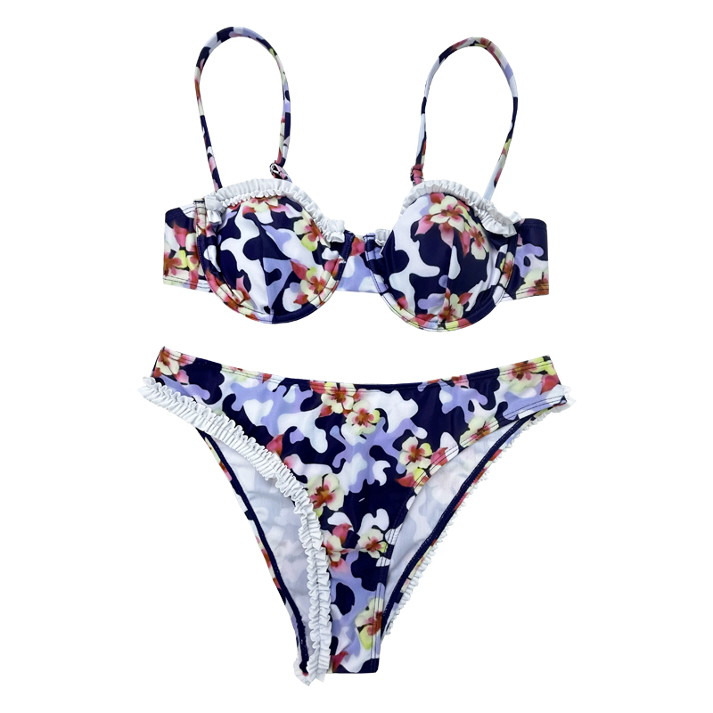 Costume da bagno in bikini irregolare arruffato floreale